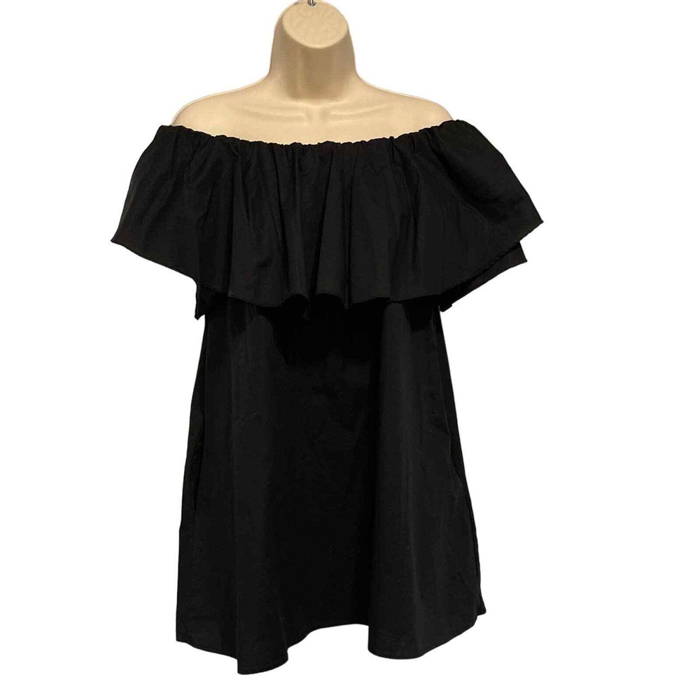 Adrienne Black Off‎ The Shoulder Ruffle Mini Dress Shift with Pockets Small USA